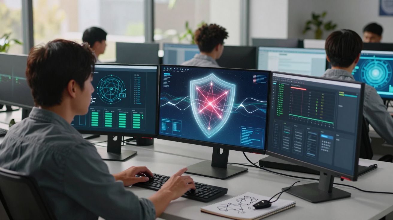 Pessoas trabalhando em computadores com telas exibindo gráficos e um escudo digital de segurança cibernética.