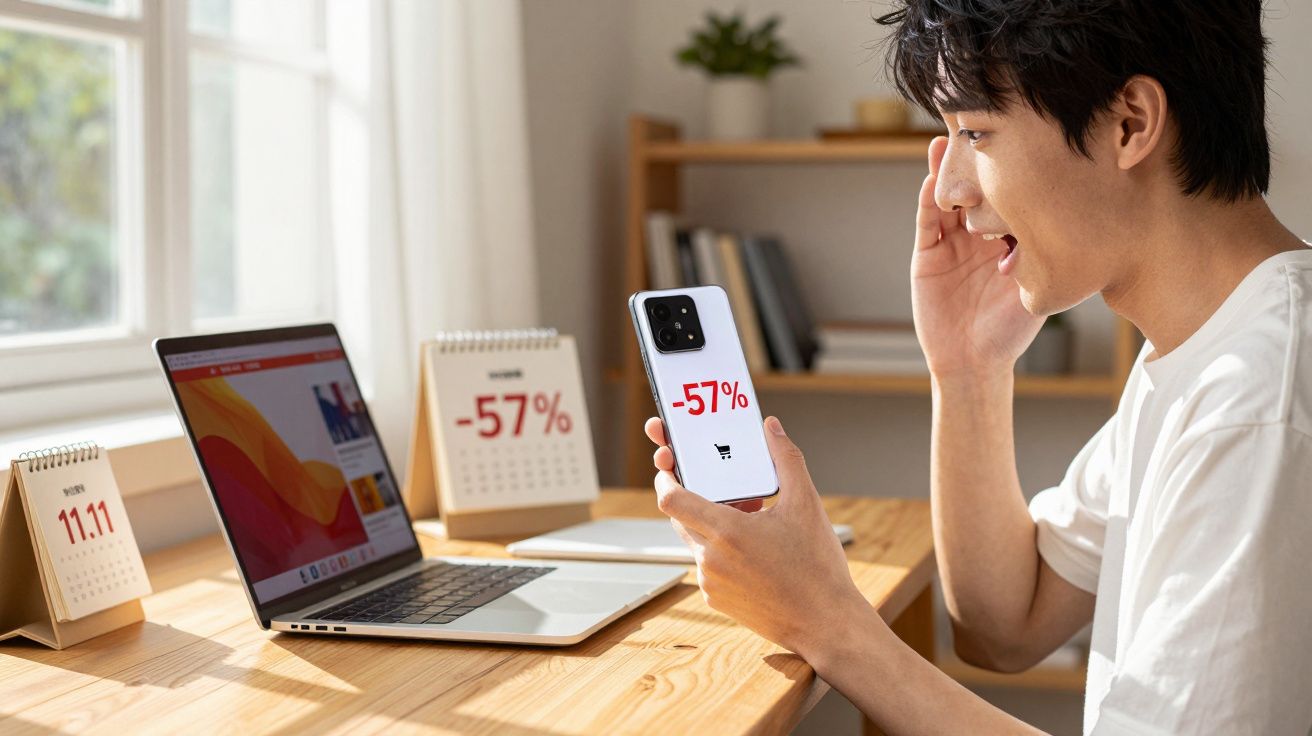 Homem jovem surpreso olhando para celular com promoção de 57% em loja online, ao lado de laptop e calendários.