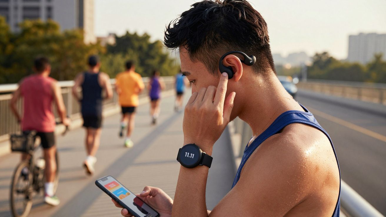 Homem ajusta fone de ouvido enquanto vê celular e usa relógio inteligente ao ar livre durante corrida.