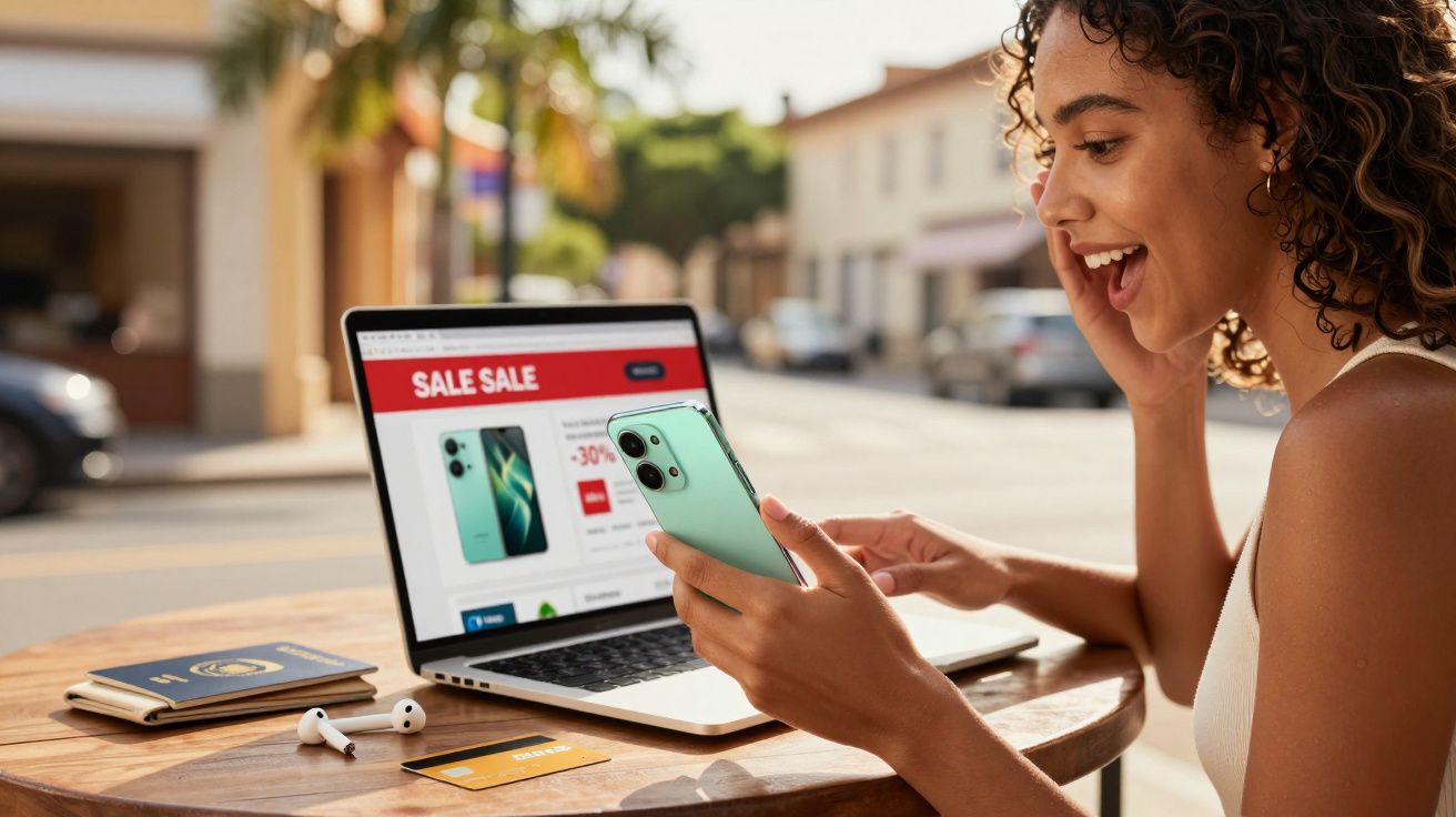Mulher sorrindo faz compra online no celular com laptop aberto em site de promoção na mesa ao ar livre.