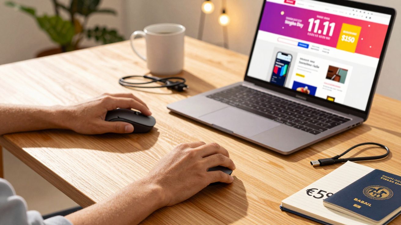 Pessoa usando mouse com laptop aberto em mesa de madeira com caderno, fone e caneca branca.