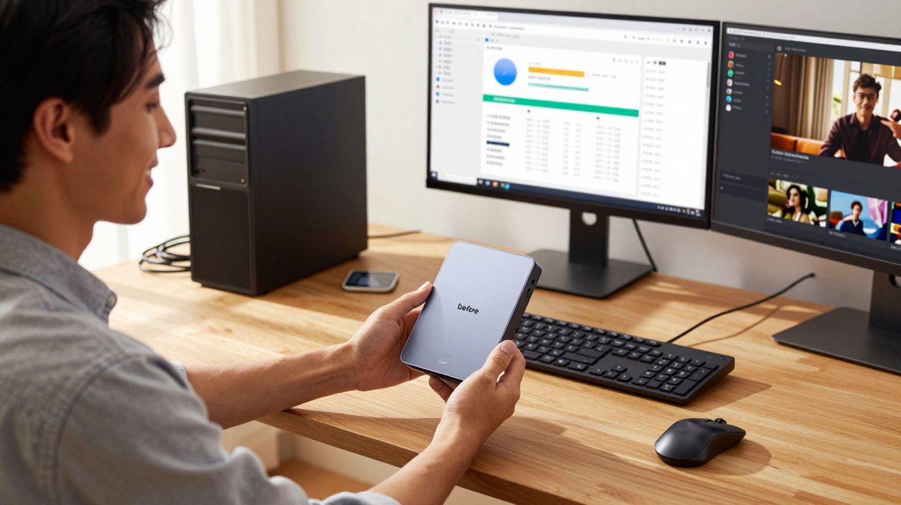 Pessoa segurando HD externo perto de mesa com dois monitores, teclado e mouse em escritório doméstico.