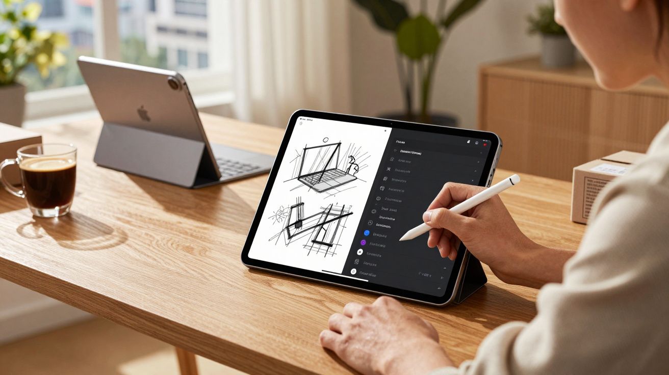Pessoa usando tablet com caneta digital para desenhar e anotar, em mesa de madeira com café ao lado.