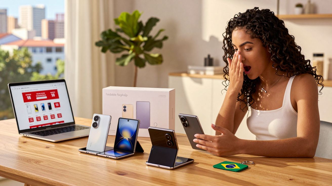 Mulher surpresa segurando smartphone com celulares dobráveis e notebook sobre mesa em casa.