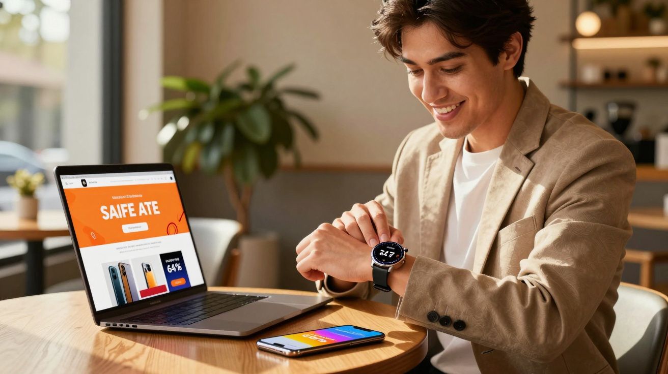 Jovem sorridente usando relógio inteligente com celular e notebook aberto em site de promoções na mesa.
