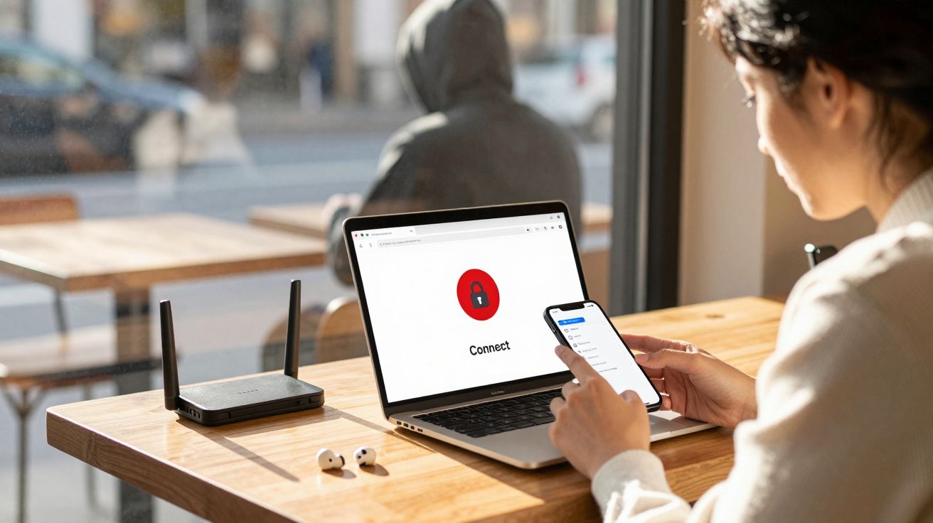 Pessoa conectando celular a laptop com tela de segurança e roteador em mesa de madeira.
