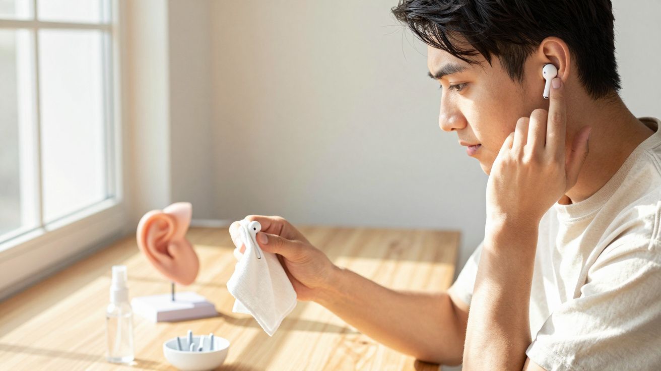 Homem limpando fone de ouvido sem fio enquanto o coloca no ouvido junto à janela e mesa de madeira.