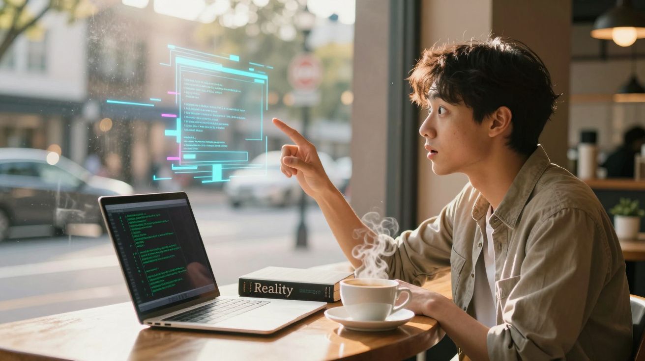 Jovem em cafeteria interagindo com holograma de código próximo a laptop e xícara de café fumegante.