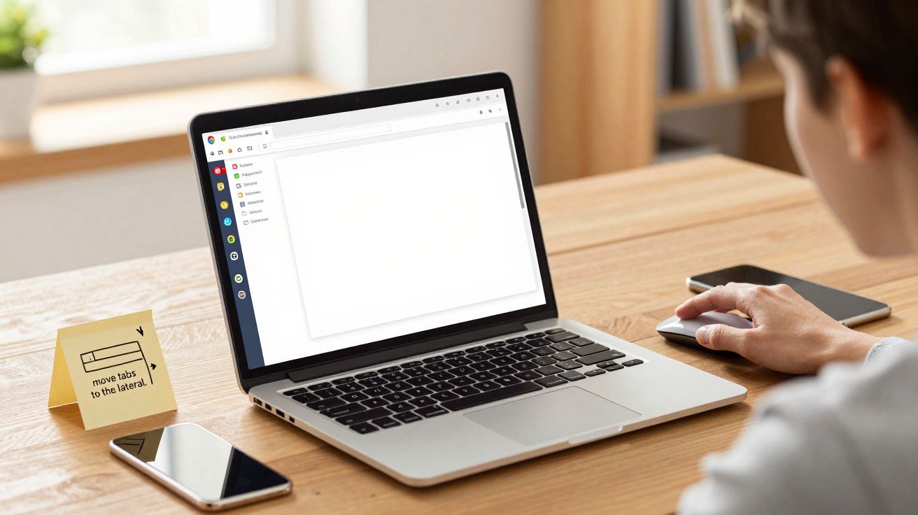 Pessoa usando laptop com tela em branco, mouse, celular e nota adesiva com instrução na mesa de madeira.