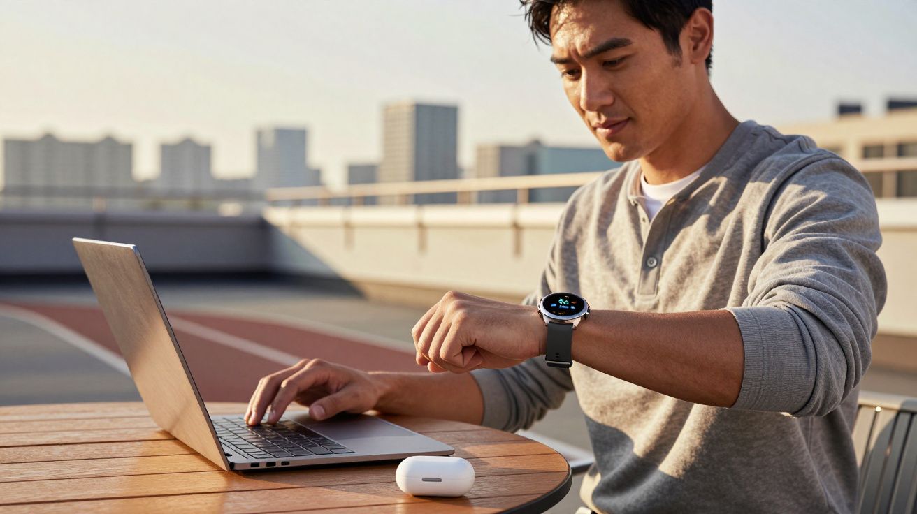 Homem sentado ao ar livre usando notebook e smartwatch enquanto verifica o relógio no pulso.
