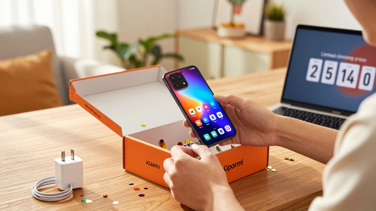 Pessoa segurando smartphone com tela ligada perto de caixa aberta e carregador sobre mesa de madeira.