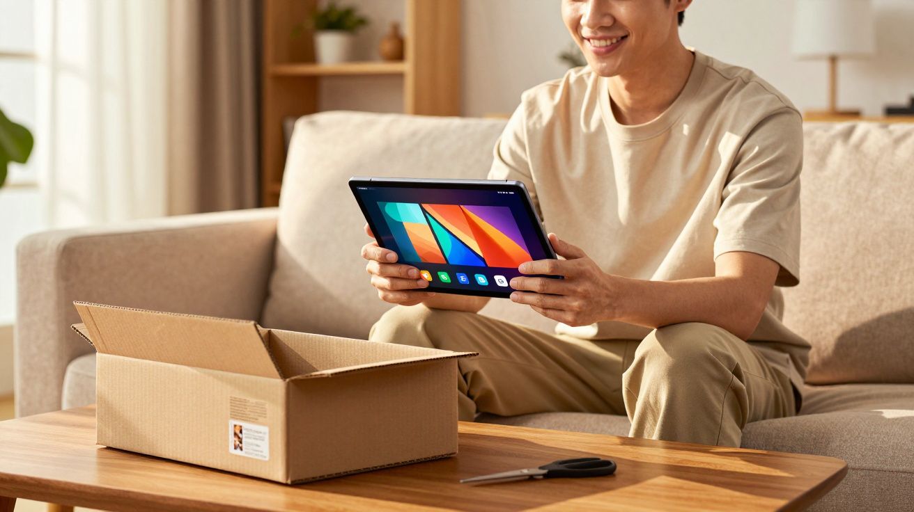 Homem sentado no sofá segurando tablet ao lado de caixa de papelão aberta sobre a mesa de madeira.