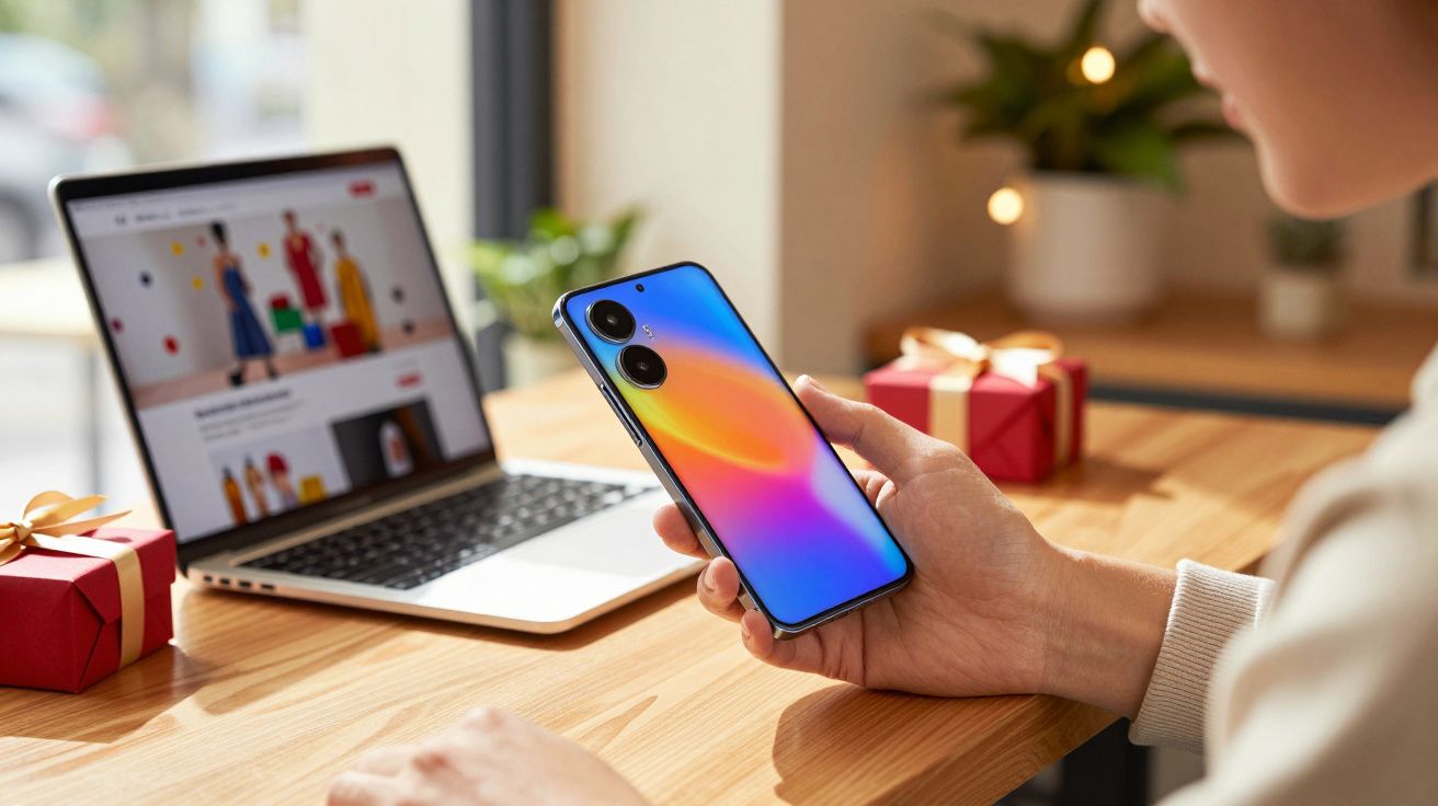 Pessoa segurando smartphone colorido com laptop e presentes na mesa de madeira.