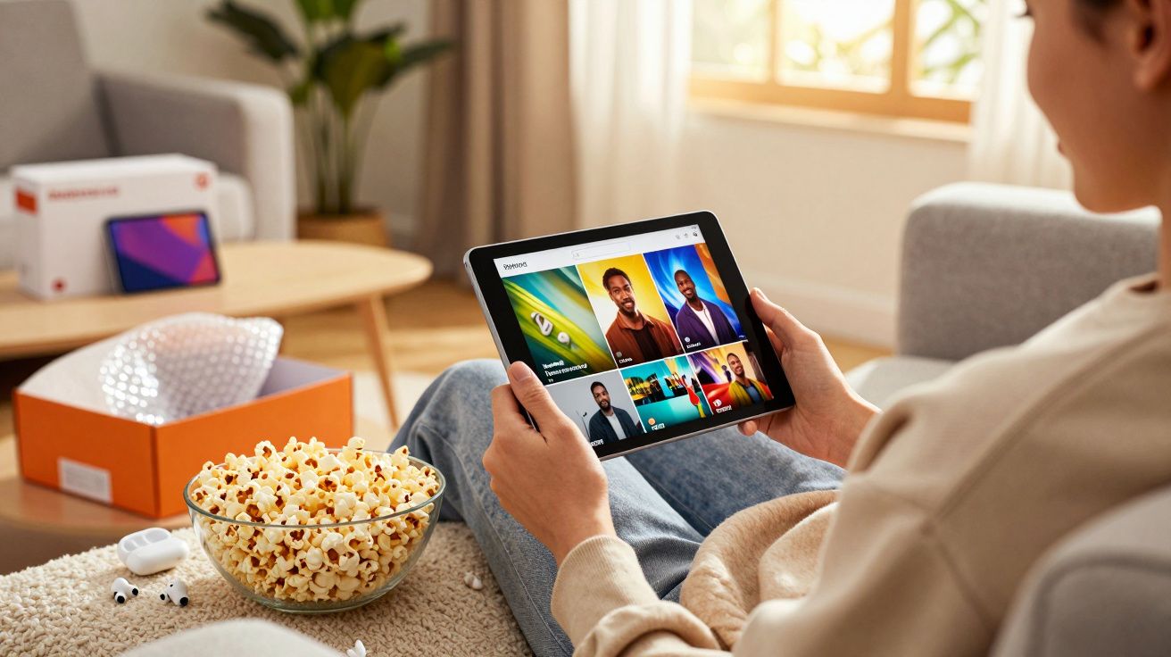 Pessoa segurando tablet assistindo vídeos com tigela de pipoca e fones perto em ambiente aconchegante.