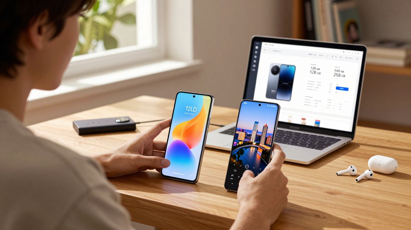 Pessoa comparando dois smartphones na frente de um notebook com especificações de celular na tela.