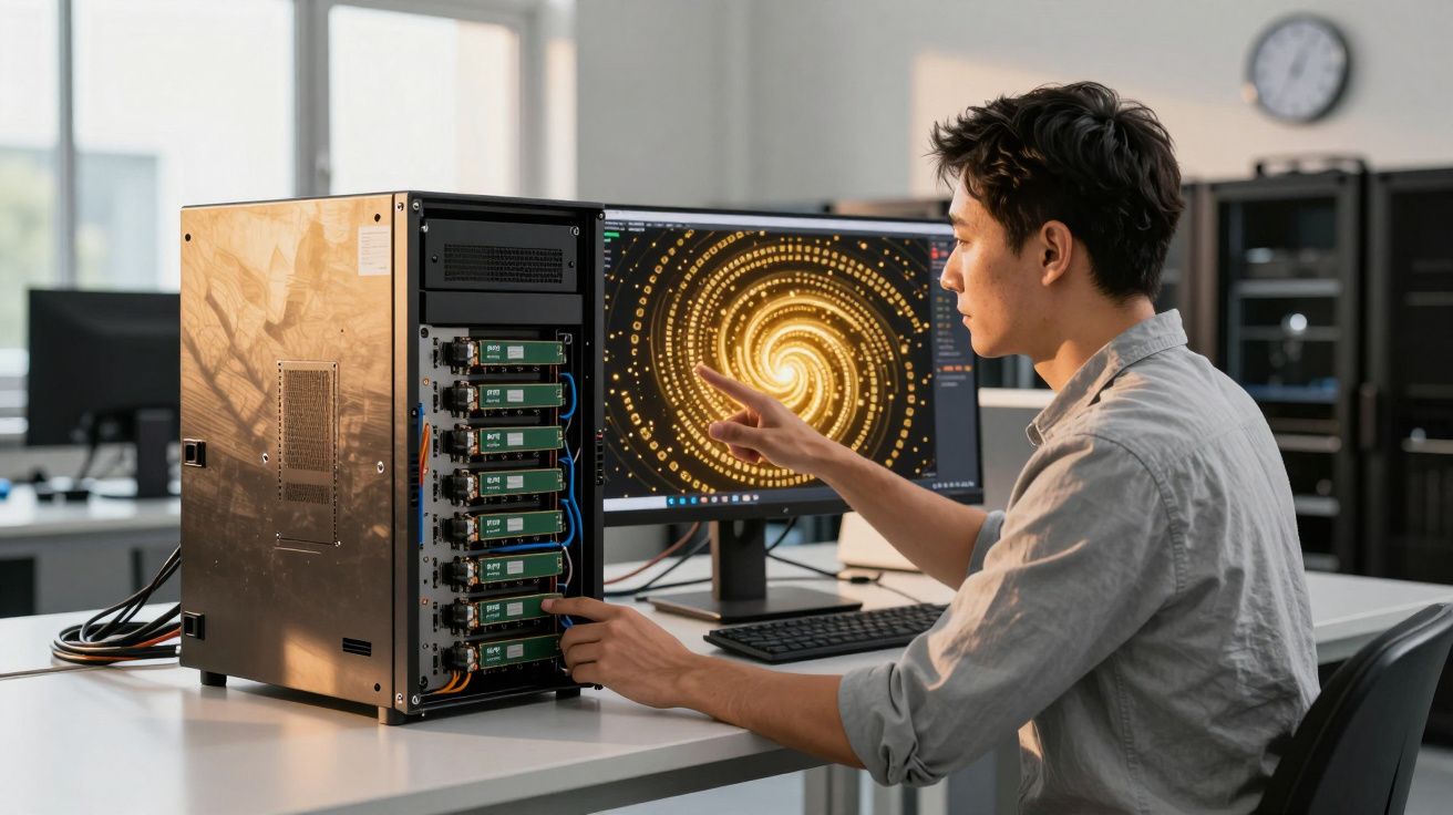 Homem ajusta hardware em computador de mesa com tela exibindo espiral digital em laboratório tecnológico.