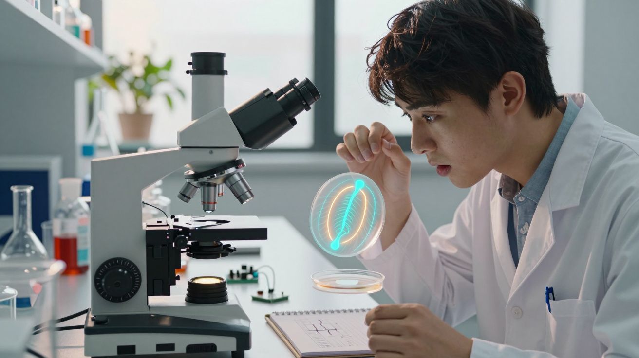Jovem cientista observa holograma de célula em laboratório com microscópio e equipamentos científicos.