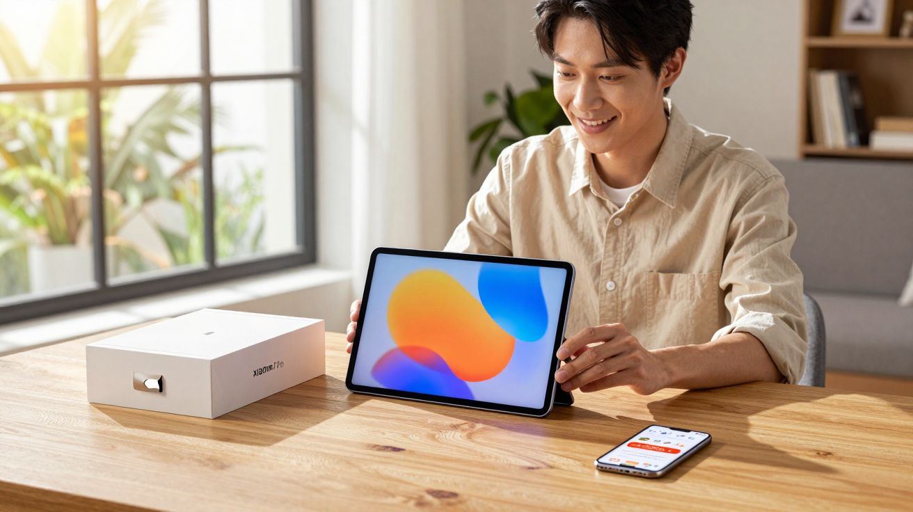 Jovem sorrindo sentado à mesa mostrando tablet com tela colorida ao lado de caixa e smartphone.