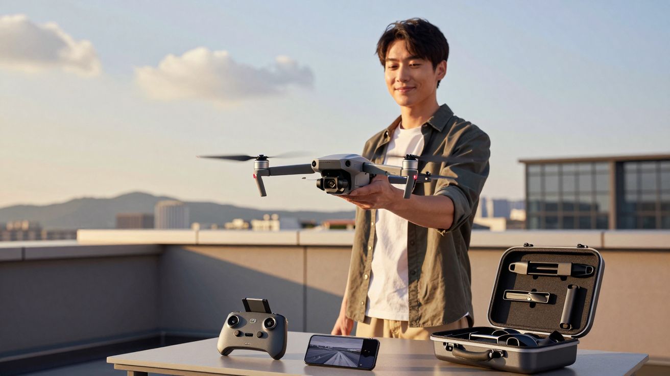 Homem segurando drone com controle, celular e estojo aberto em mesa na cobertura de prédio.