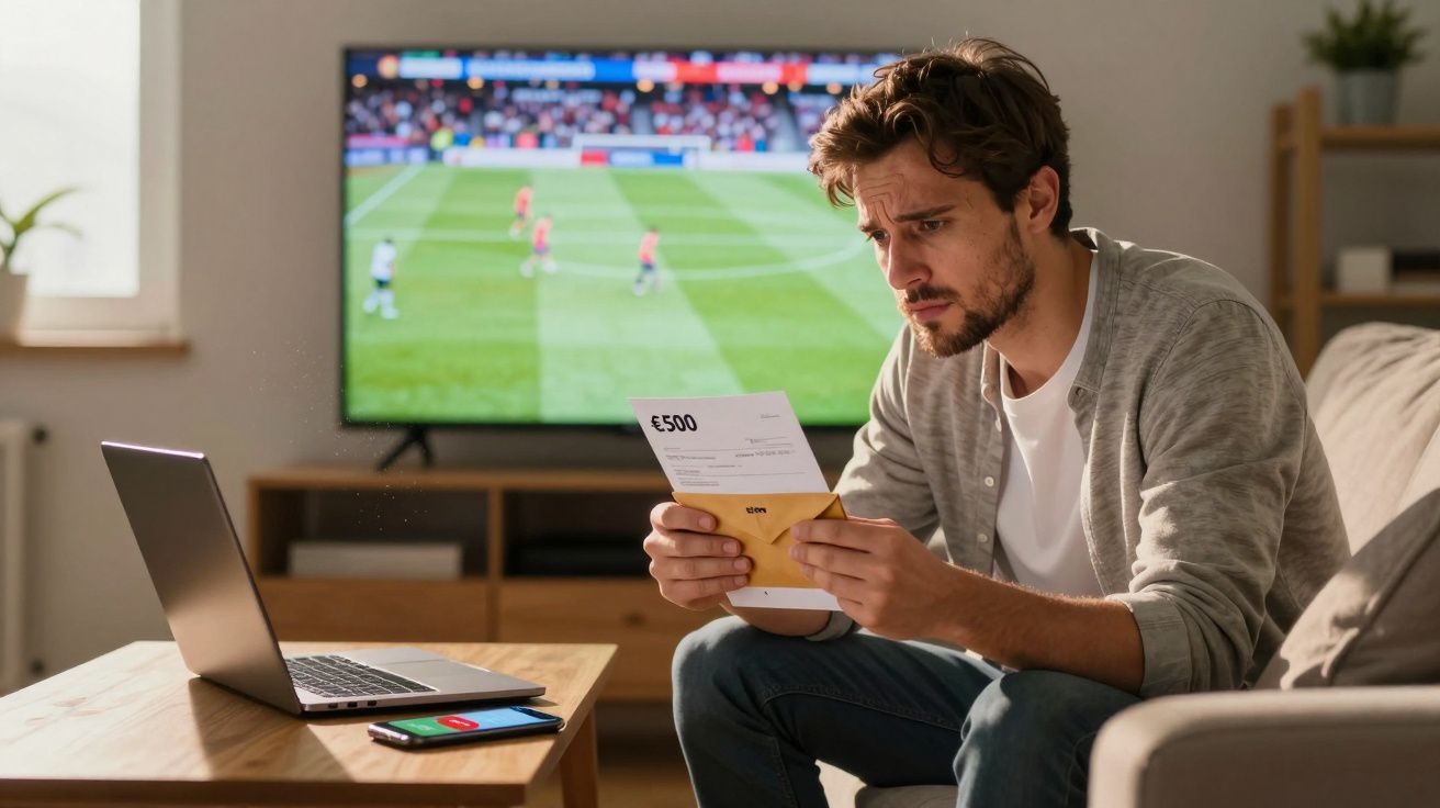 Homem sentado no sofá lendo carta com valor de 500 euros enquanto assiste jogo de futebol na TV.