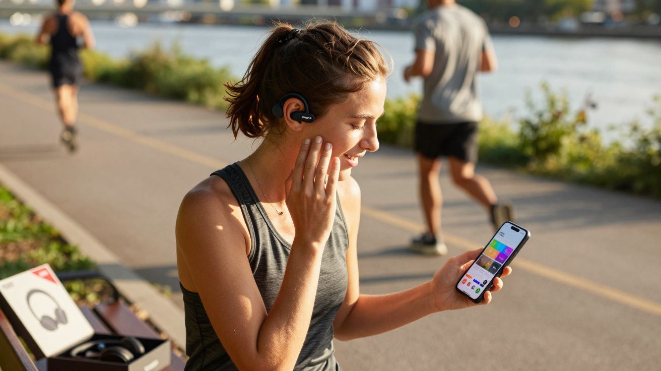 Mulher usando fones sem fio ajusta no ouvido enquanto segura smartphone em parque à beira de rio.