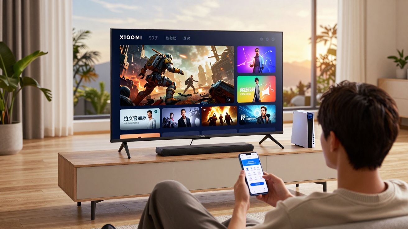 Pessoa usando smartphone diante de TV Xiaomi em sala moderna com móveis claros e plantas decorativas.