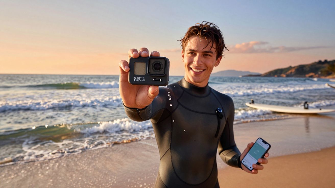 Jovem de roupa de neoprene segurando uma câmera GoPro e celular na praia ao pôr do sol.