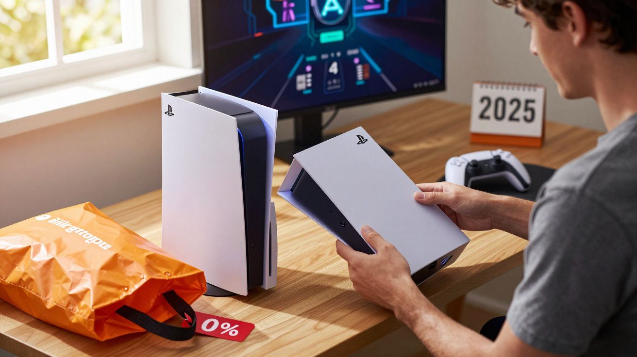 Pessoa desembrulhando console PlayStation 5 na mesa com controle e monitor ligados em jogo.