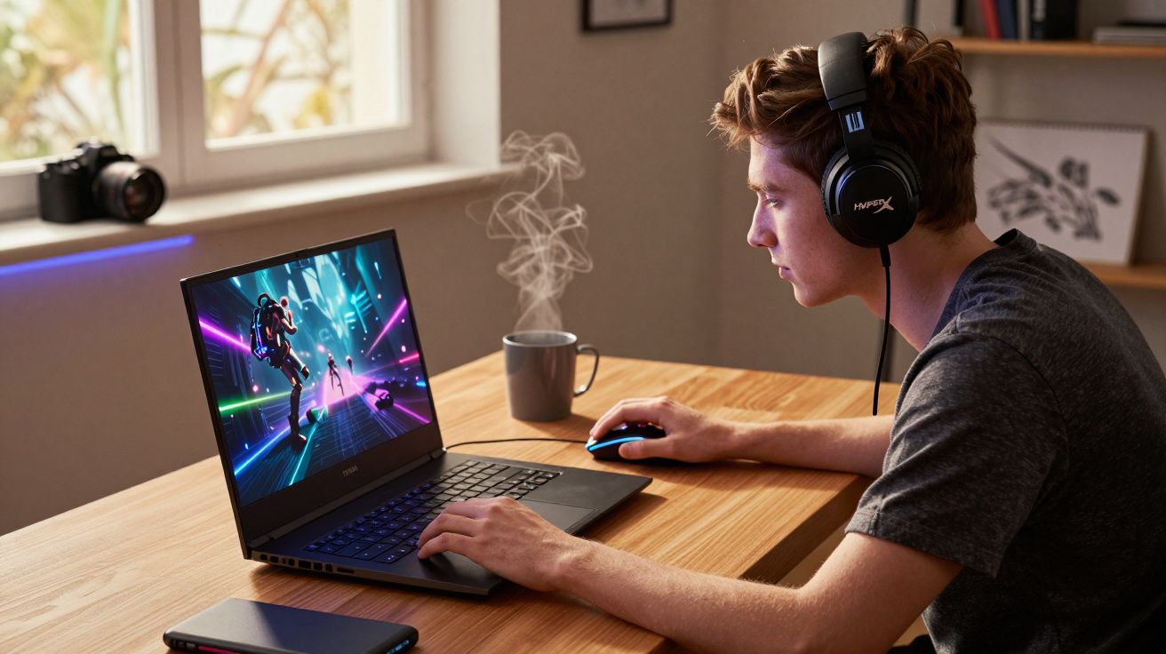 Jovem usando fone de ouvido joga videogame no notebook em mesa de madeira com xícara de café ao lado.