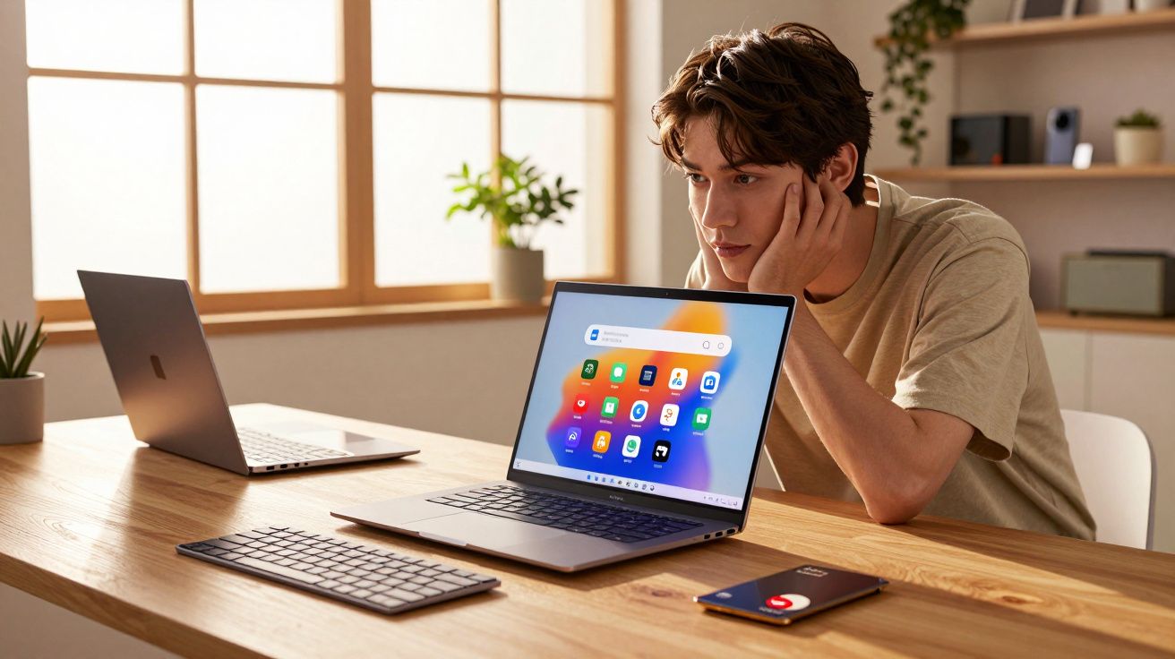 Jovem concentrado usando laptop em mesa de madeira com outro laptop, teclado e celular ao lado.