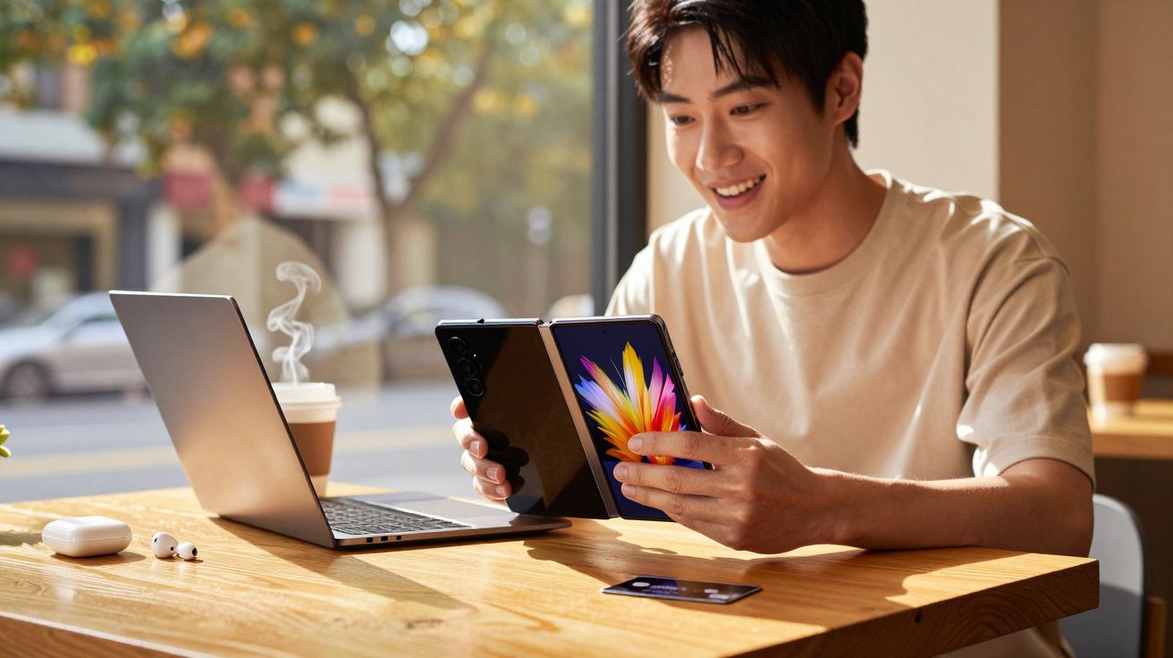 Jovem sorridente usando celular dobrável em mesa com notebook, fones e café em cafeteria iluminada.