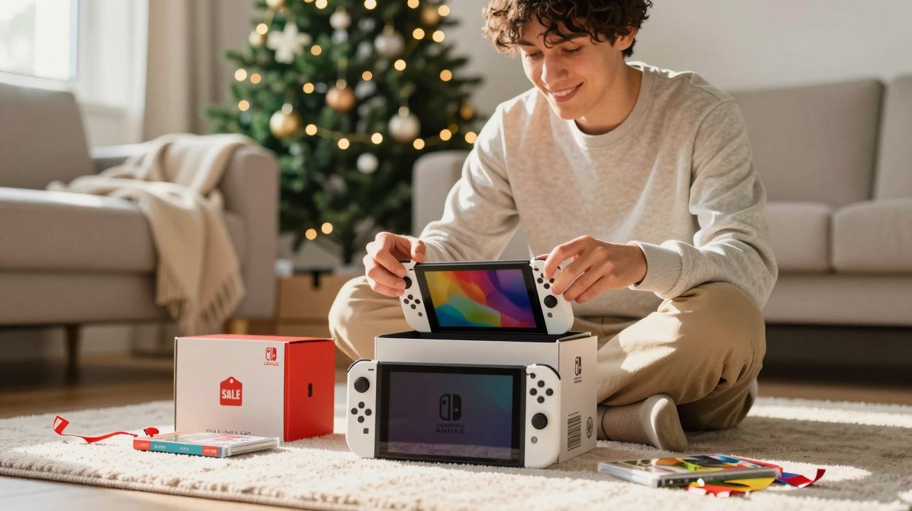 Jovem sorrindo desempacotando um console Nintendo Switch em sala de estar com árvore de Natal decorada ao fundo.