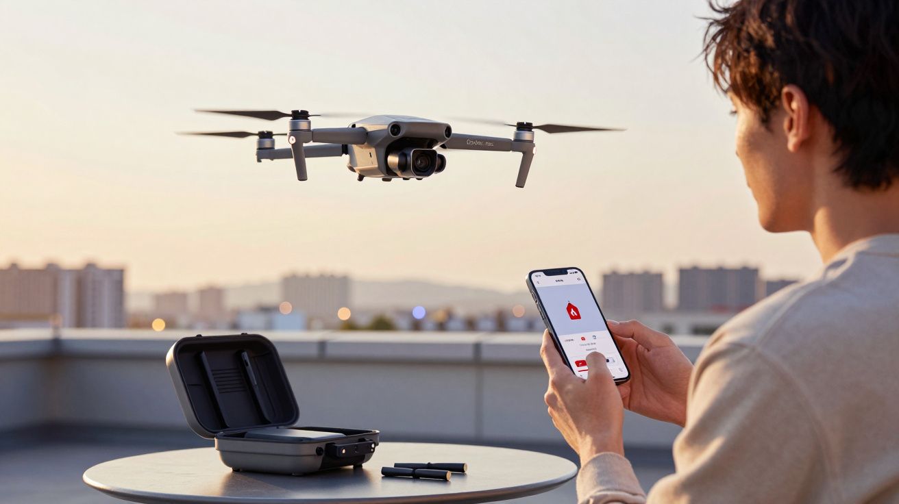 Pessoa operando drone cinza com celular em uma área externa ao entardecer, com case e acessórios na mesa.