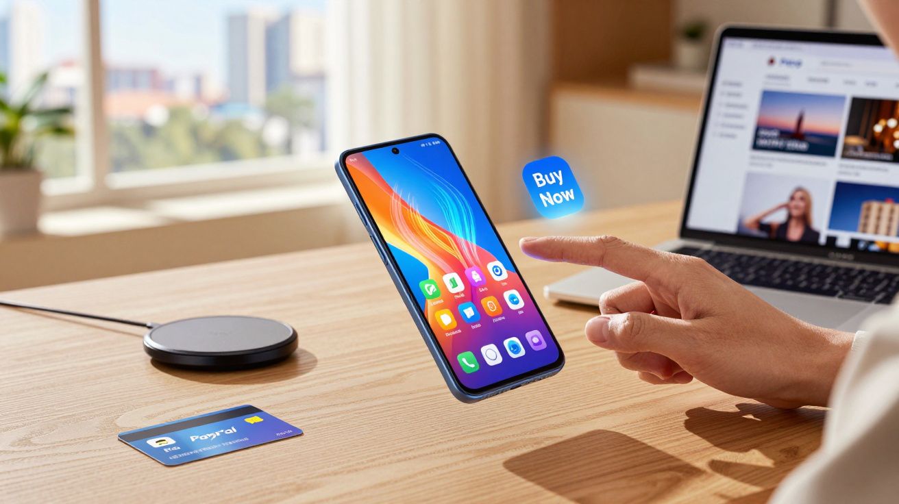 Pessoa interagindo com celular em mesa com cartão PayPal, carregador wireless e notebook aberto.