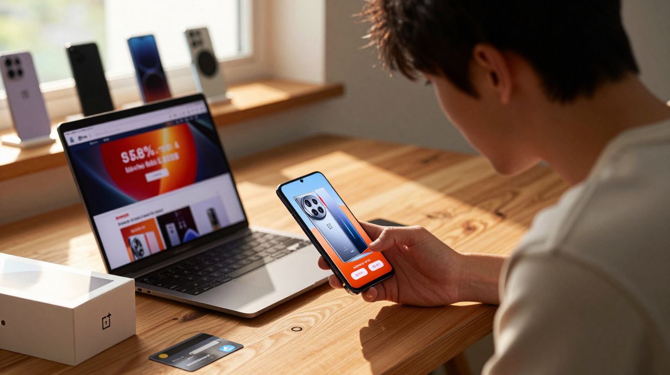 Pessoa segurando celular mostrando imagem de outro celular, com laptop e caixa sobre mesa de madeira.