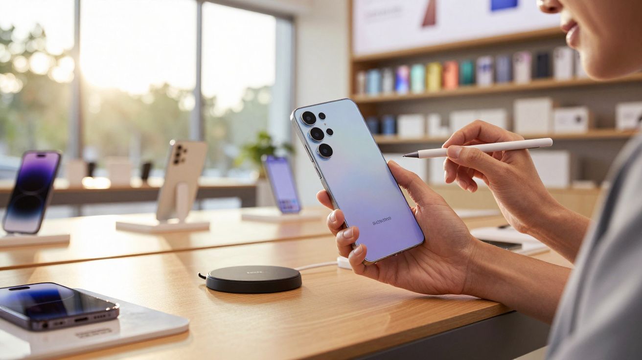 Pessoa segurando smartphone com caneta stylus em loja de eletrônicos com acessórios e outros celulares ao fundo.