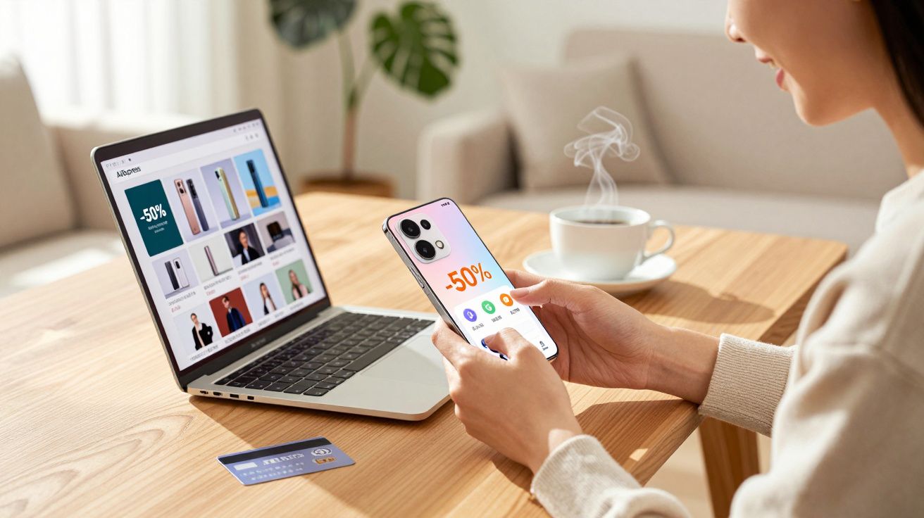 Pessoa navegando em promoções de smartphones no celular, com laptop e cartão de crédito na mesa.