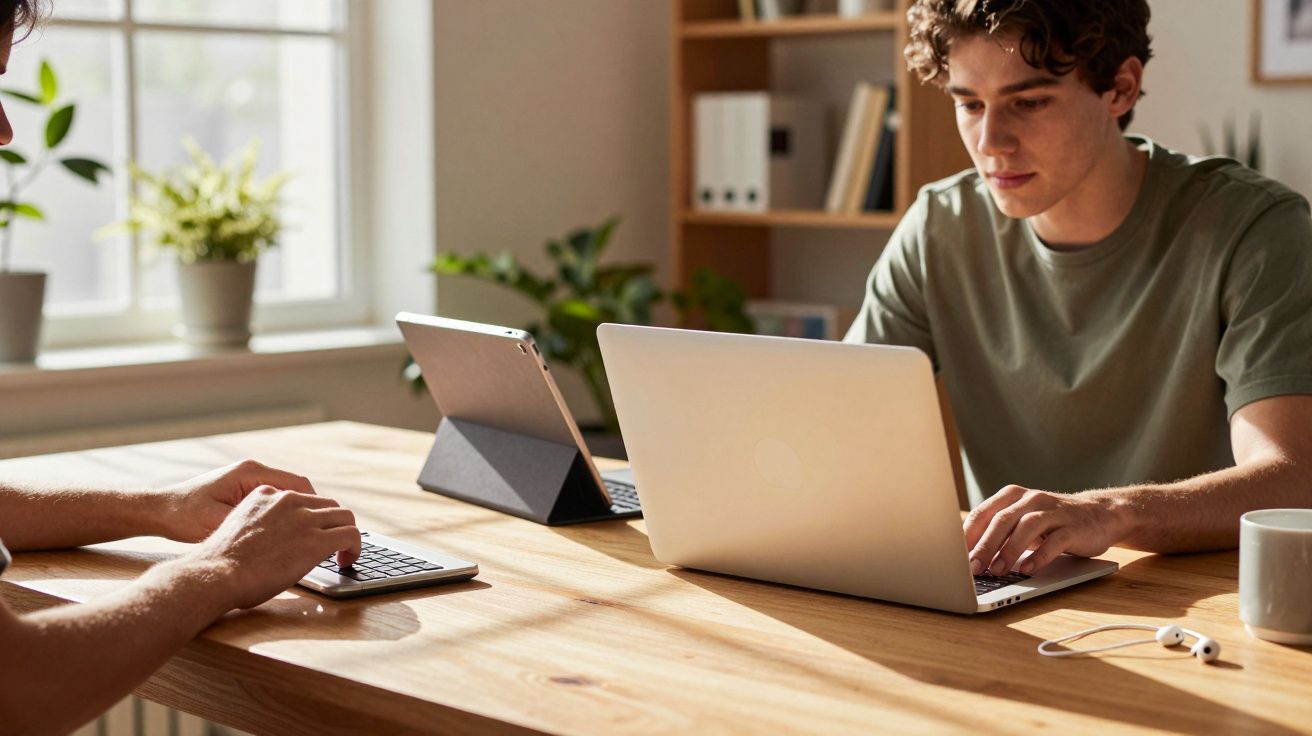 Jovem concentrado trabalhando em laptop em uma mesa de madeira com outra pessoa usando tablet e teclado.