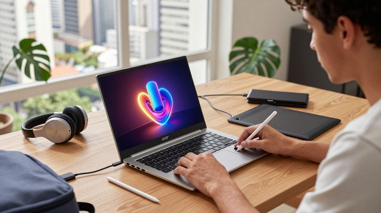Pessoa usando caneta digital em notebook Acer em mesa de madeira com fones e acessórios.