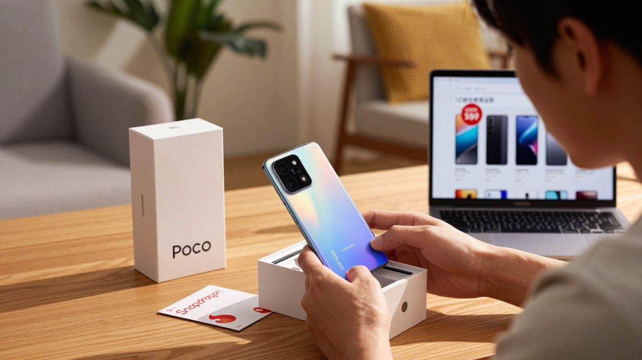 Pessoa desembrulhando smartphone Poco em mesa com notebook e caixa ao fundo.