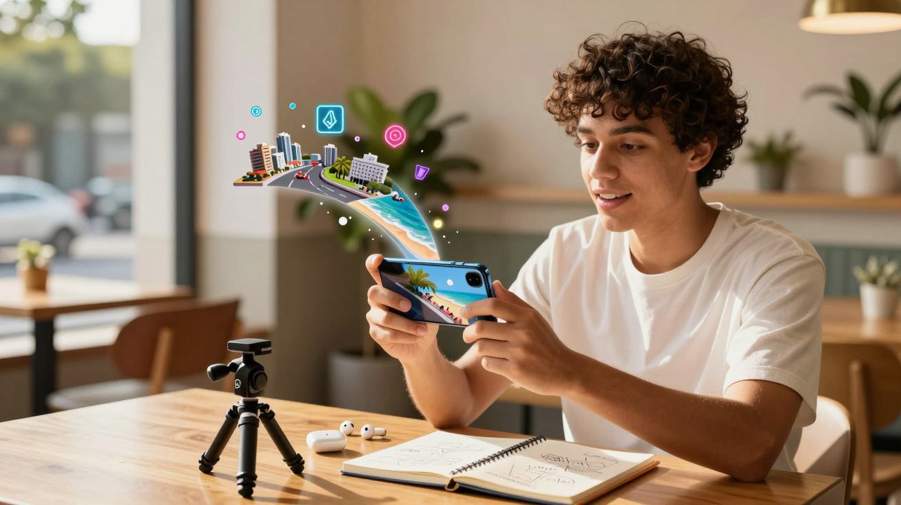 Jovem sentado com celular mostrando realidade aumentada de cidade tropical ao lado de caderno e tripé.