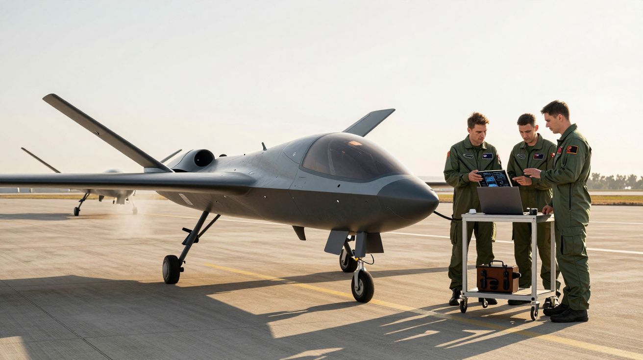 Aeronave não tripulada preta estacionada e três pilotos militares usando macacões verdes operando laptop em pista.