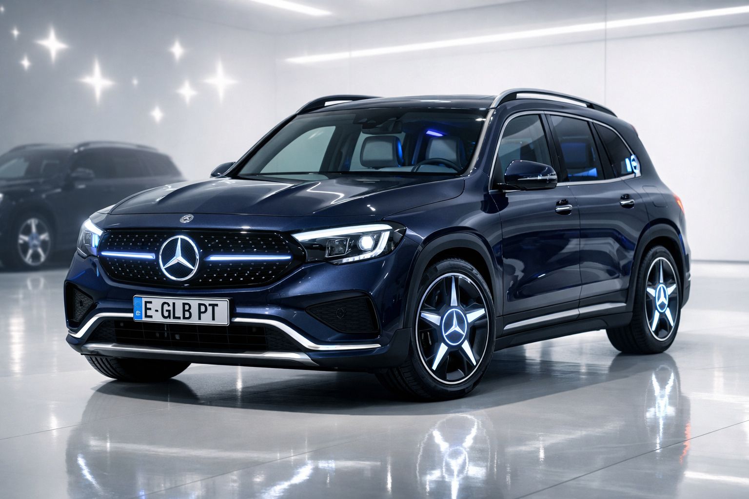 Carro SUV Mercedes-Benz elétrico preto estacionado em ambiente interno iluminado.