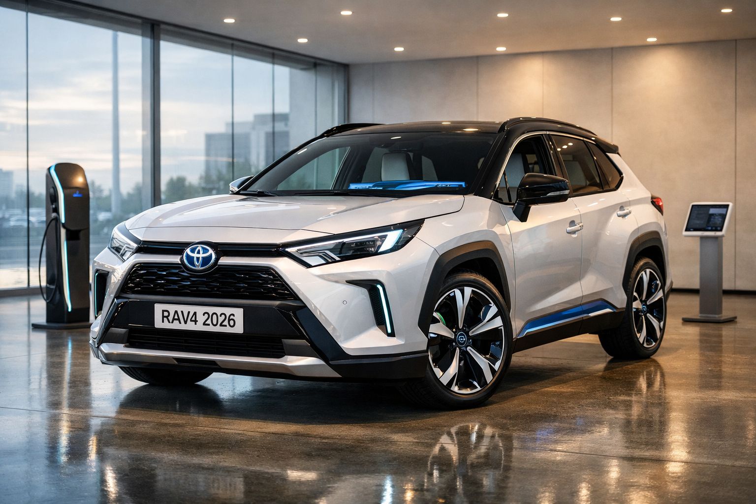 SUV Toyota RAV4 2026 branco com teto preto estacionado em ambiente interno moderno.