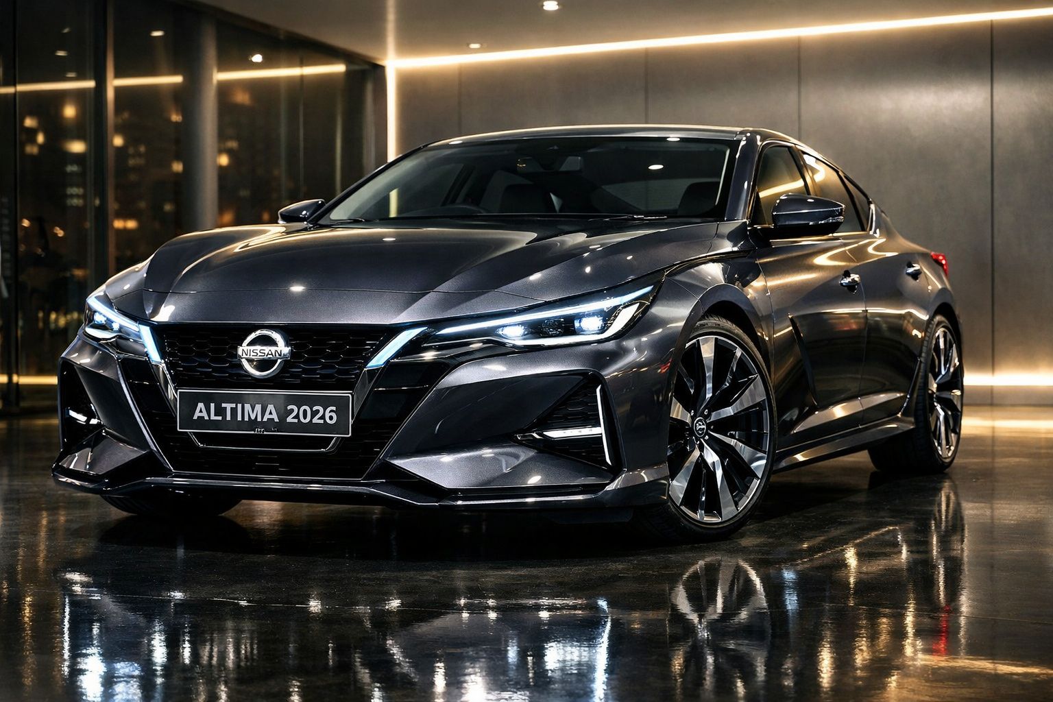 Carro Nissan Altima 2026 cinza escuro com iluminação LED e rodas esportivas, em ambiente interno moderno.