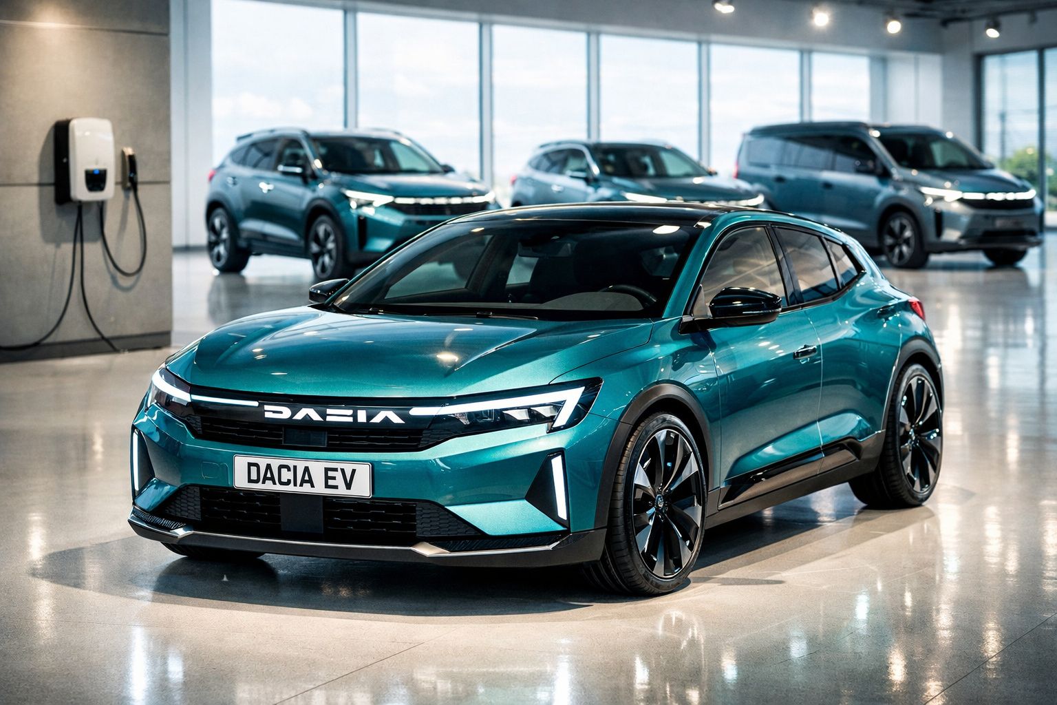 Carro elétrico azul Dacia EV em showroom moderno com outras três máquinas ao fundo.