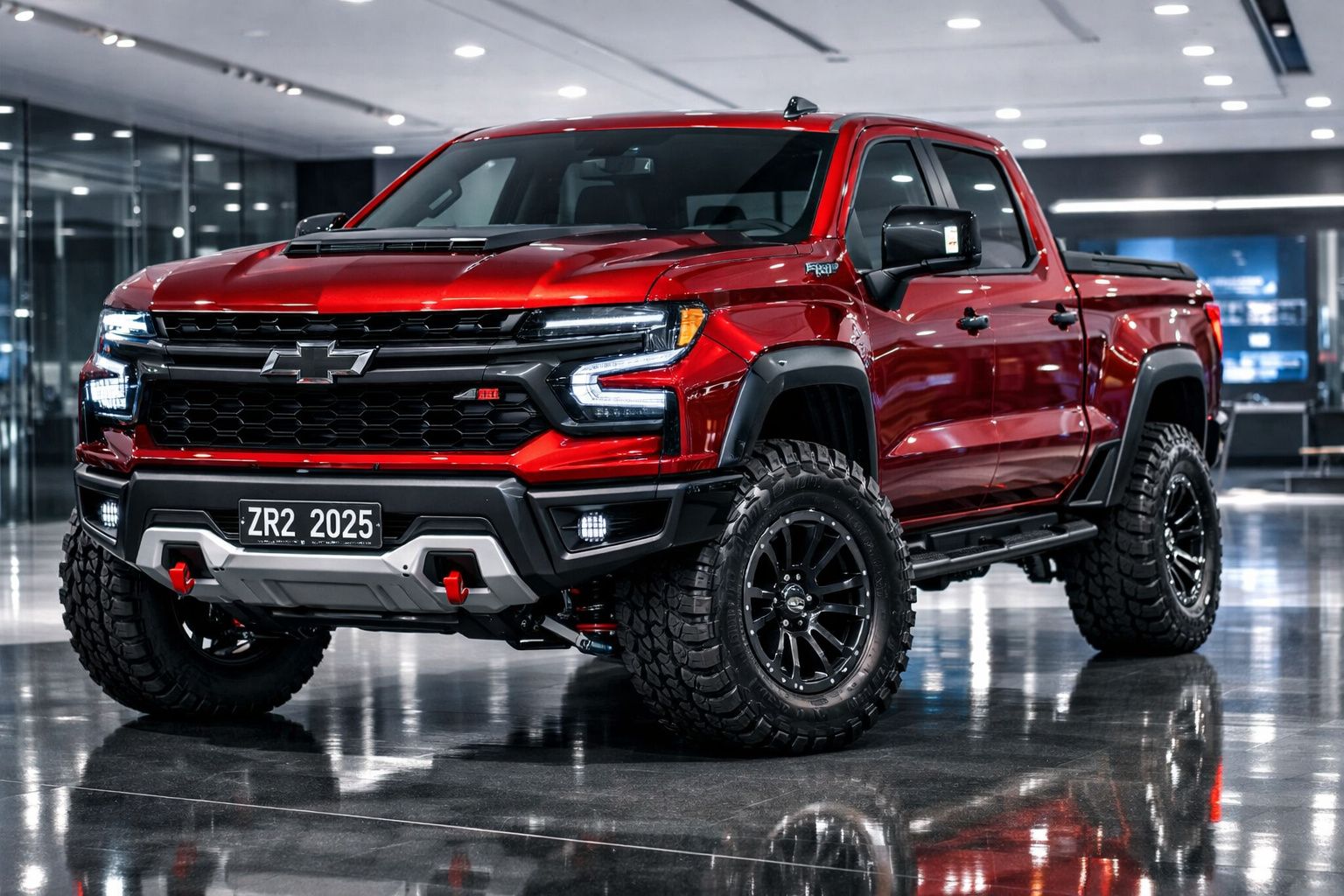 Picape Chevrolet vermelha robusta exibida em showroom moderno com iluminação refletida no piso brilhante.
